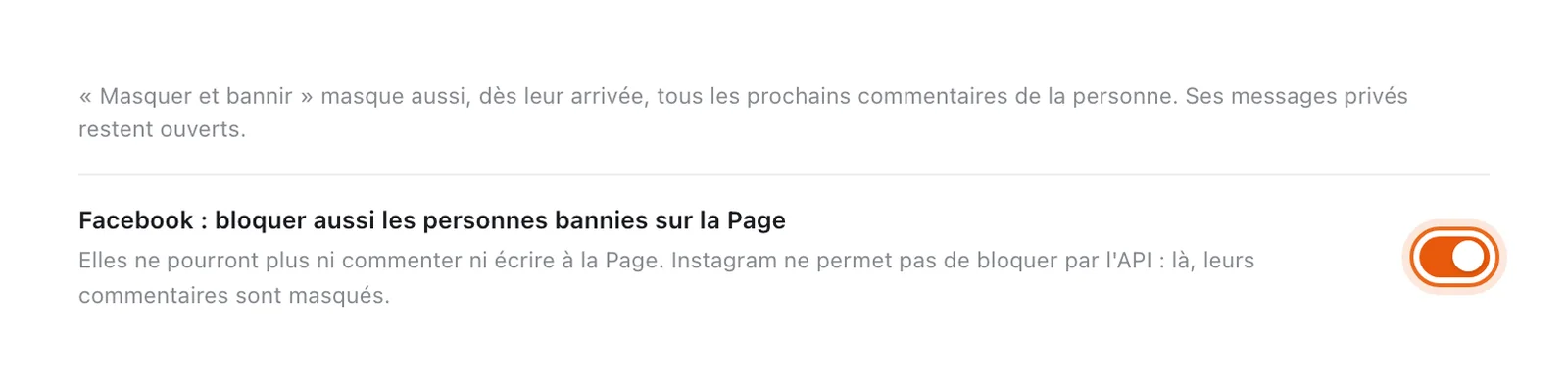 Interrupteur « Facebook : bloquer aussi les personnes bannies sur la Page » activé et entouré, sous la phrase qui explique « Masquer et bannir »