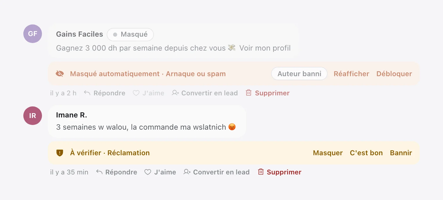 Boîte de réception de Tech CRM : un commentaire de spam « Masqué automatiquement · Arnaque ou spam » avec Réafficher et Débloquer, puis une réclamation « À vérifier · Réclamation » avec Masquer, C'est bon et Bannir