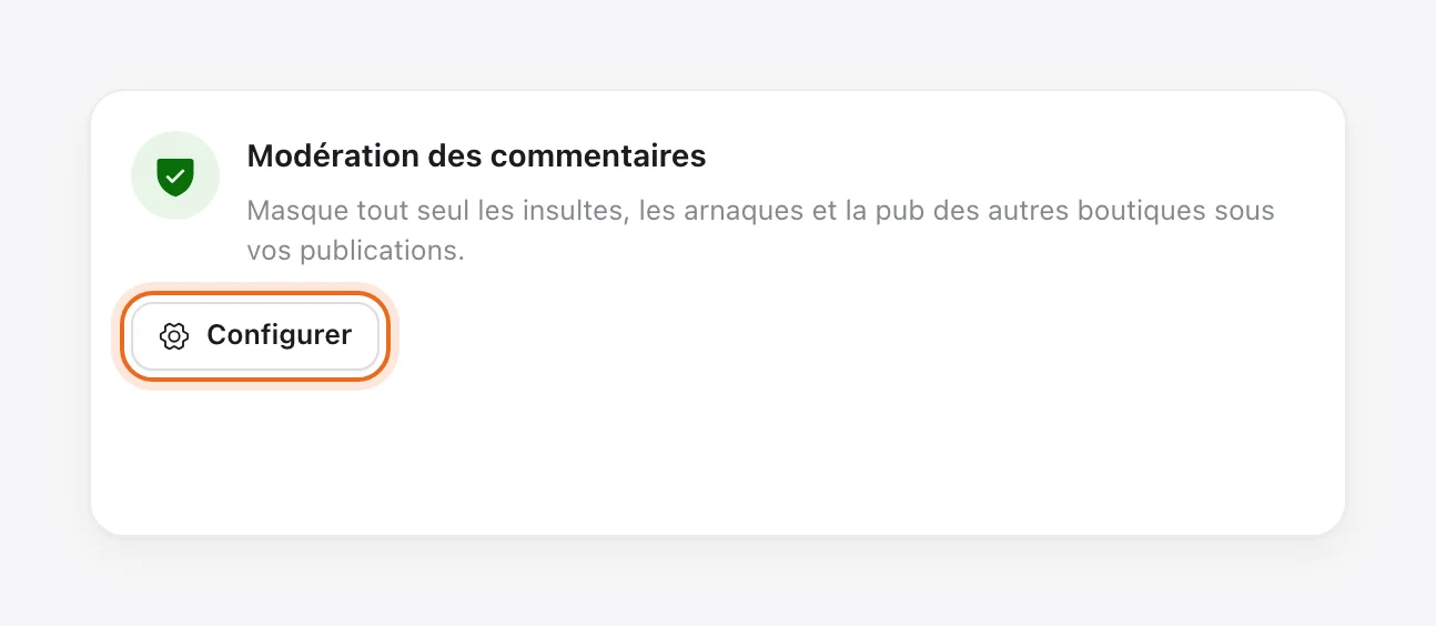 Carte « Modération des commentaires » de la page Apps de Tech CRM, avec le bouton « Configurer » entouré