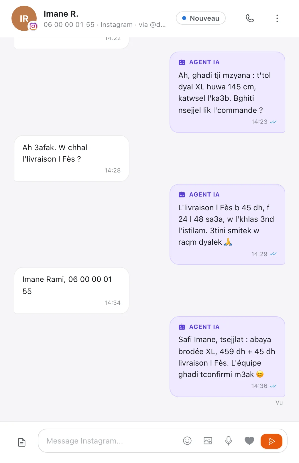 Chatbot Instagram au Maroc : dans Tech CRM, l'agent IA répond en darija à une cliente sur la taille et la livraison à Fès, puis enregistre sa commande