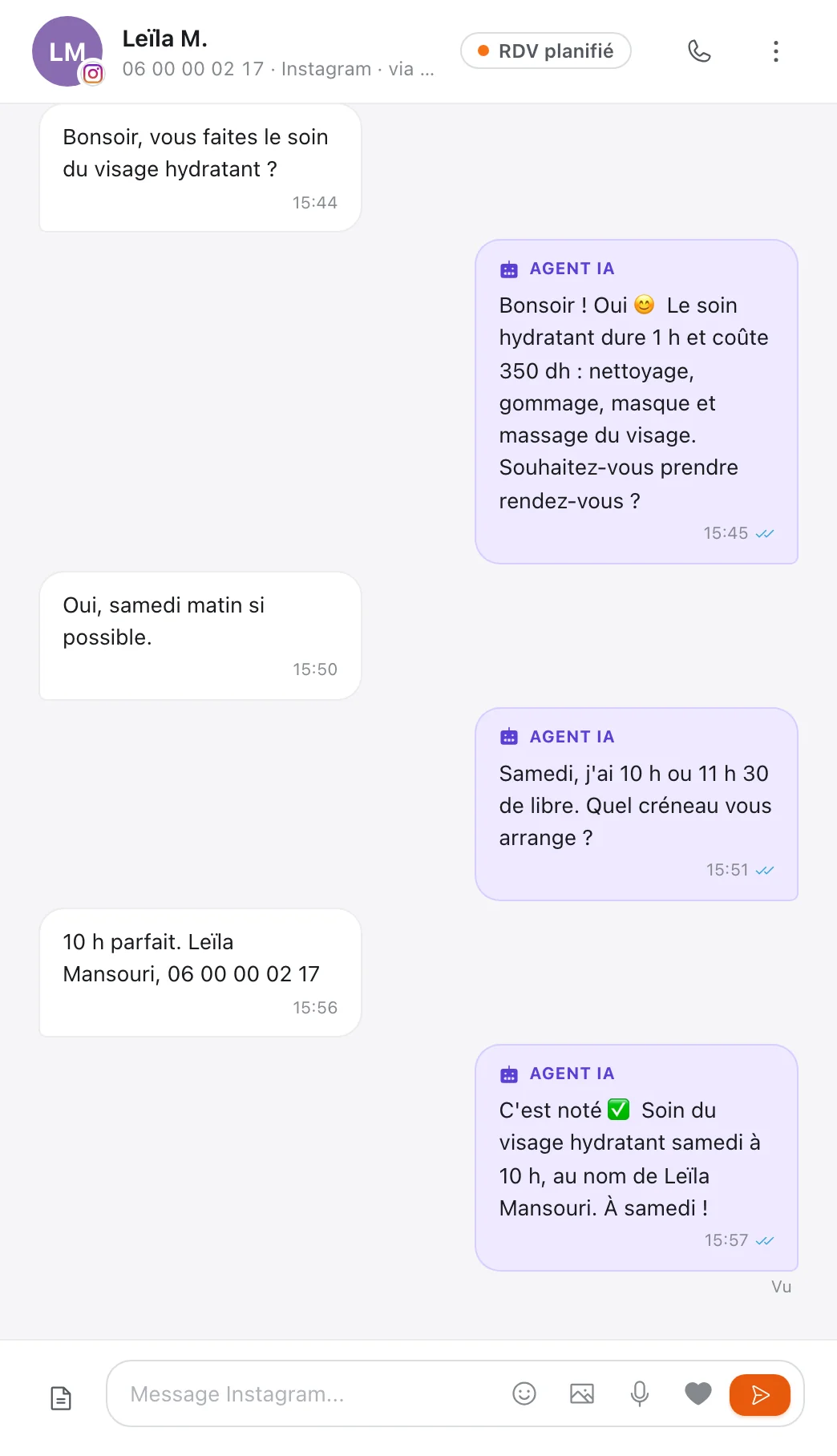 Prise de rendez-vous sur Instagram pour un salon de beauté au Maroc : l'agent IA de Tech CRM présente le soin, propose deux créneaux et confirme le rendez-vous