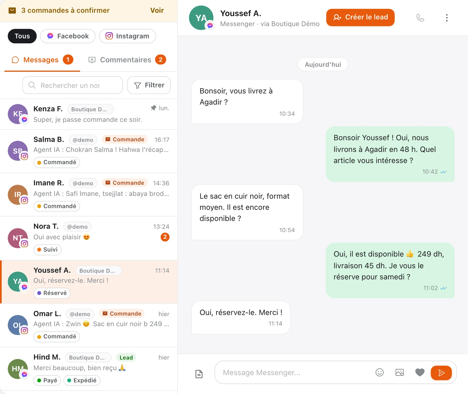 Boîte de réception unifiée Instagram et Messenger de Tech CRM : conversations des deux réseaux avec étiquettes et commandes, et fil Messenger d'un client qui réserve un sac