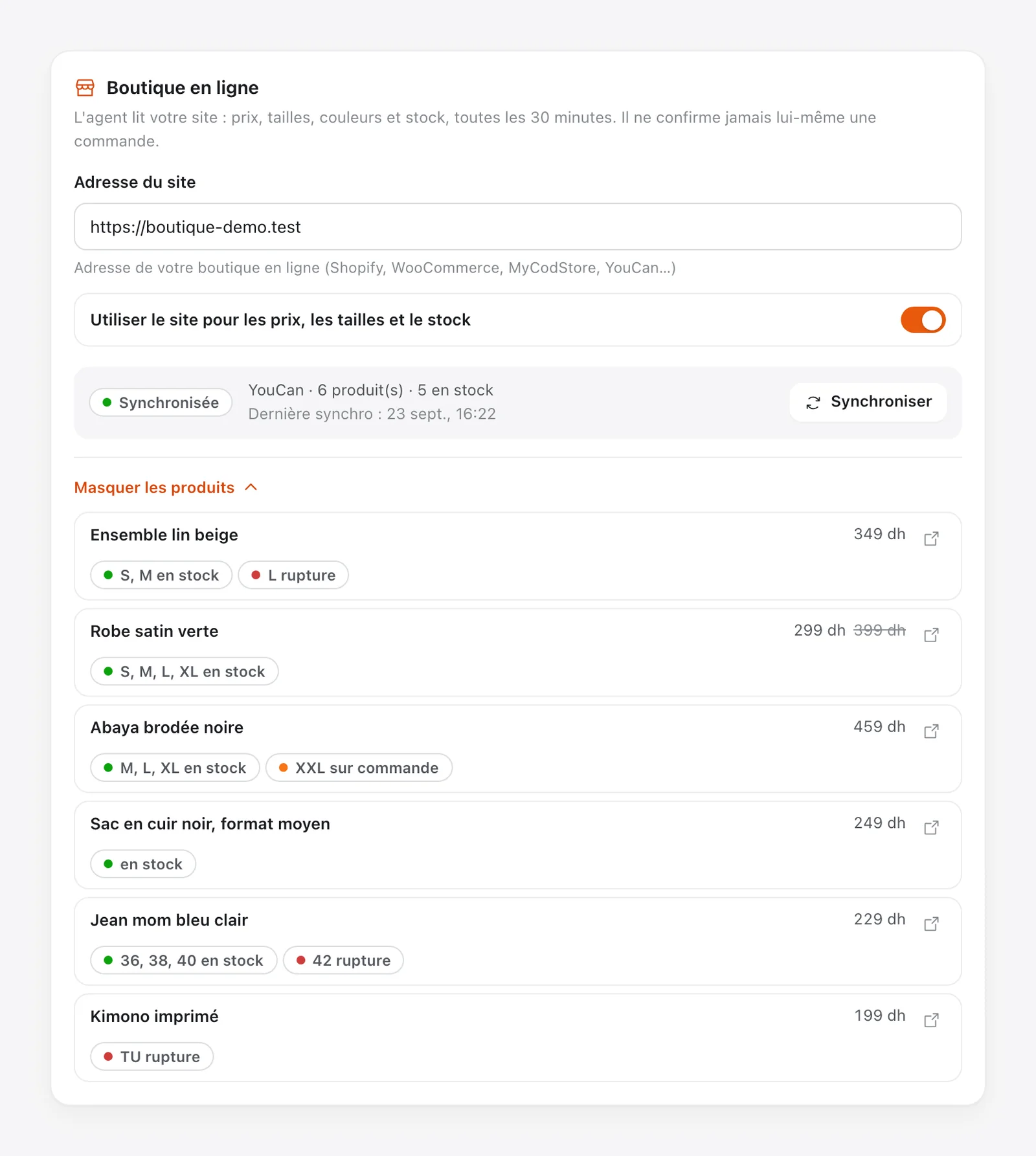 Carte « Boutique en ligne » de Tech CRM pour synchroniser la boutique en ligne avec le chatbot Instagram : site YouCan synchronisé, prix, tailles en stock et en rupture