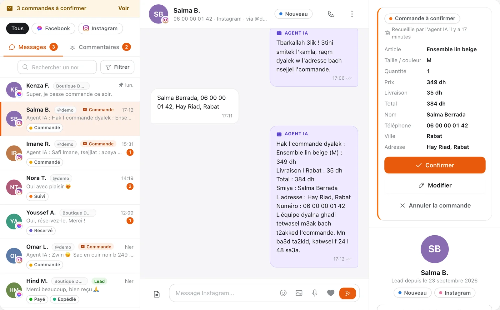 CRM e-commerce au Maroc : la boîte de réception de Tech CRM avec les commandes à confirmer, la conversation Instagram menée par l'agent IA et la carte de commande payable à la livraison