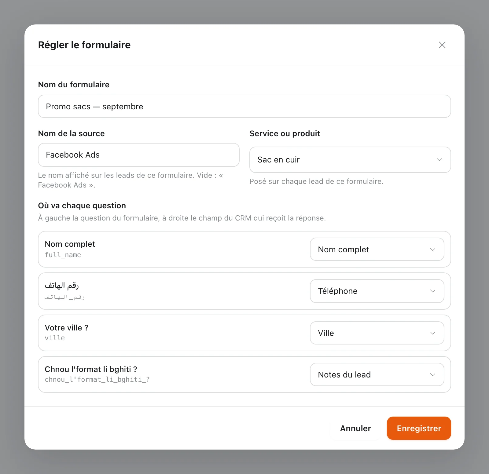 Réglage d'un formulaire Facebook Lead Ads dans le CRM Tech CRM : source, produit et champ du CRM pour chaque question, y compris une question en arabe et une en darija